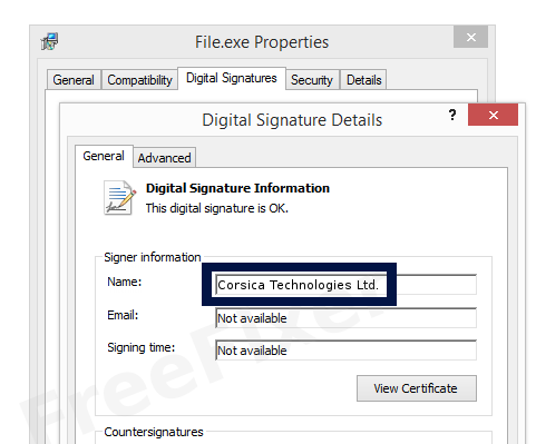 Screenshot of the Corsica Technologies Ltd. certificate